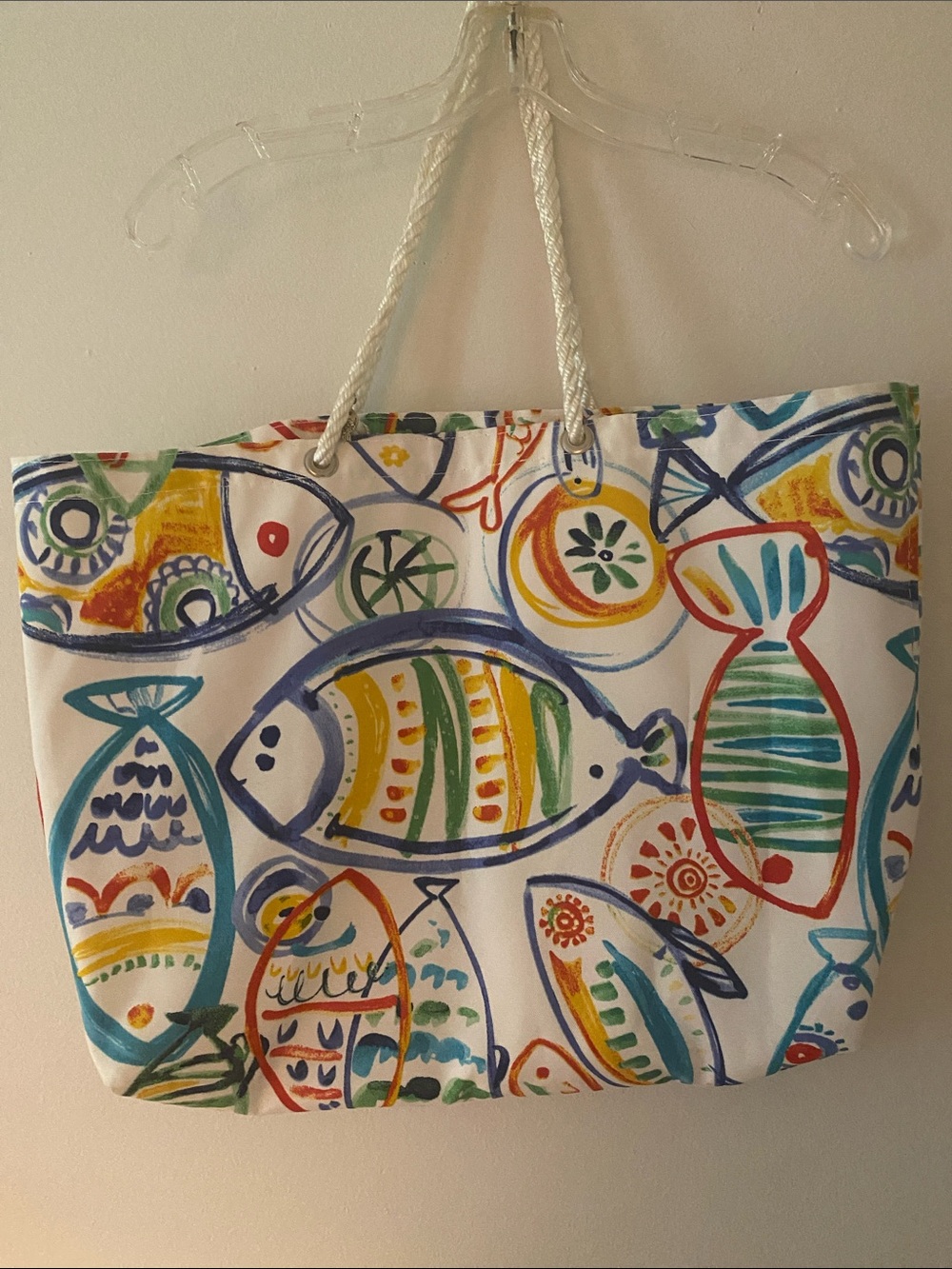 Colorful Fish-Print Canvas Tote Bag with Rope Handles